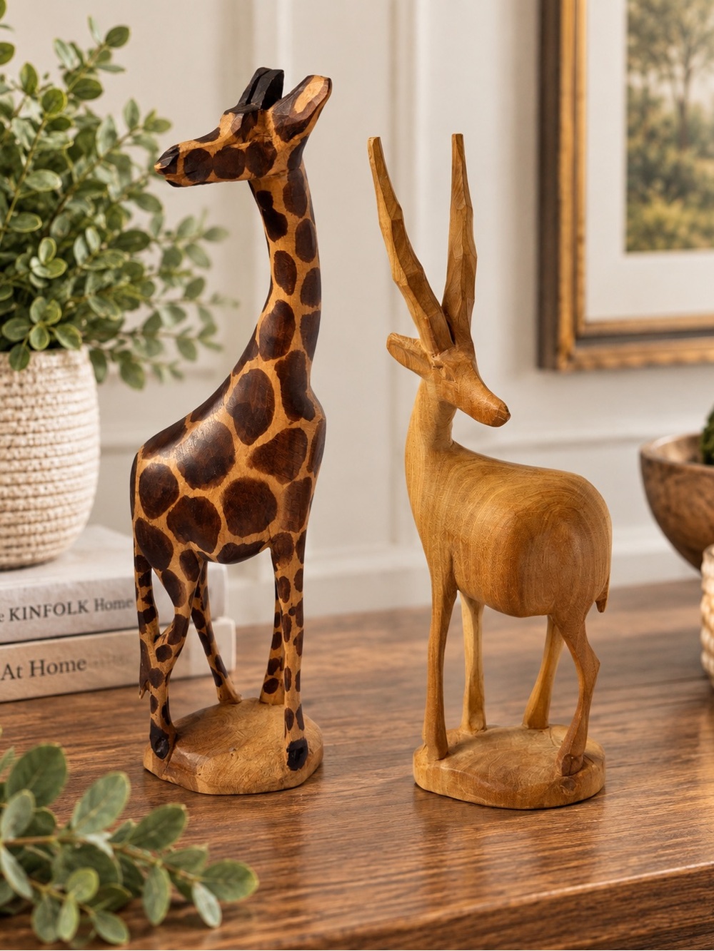 Pier 1 Hand Carved Wood Giraffe Gazelle Safari Animal Figurine Set
